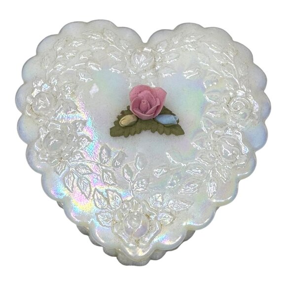 Fenton Pearly Sentiments Opaline Iridescent Heart Shaped Glass Trinket Box 4" - Picture 2 of 10